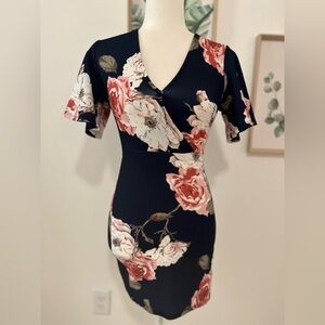 Navy Blue Ditsy Floral V-Neck Short Sleeve Mini Dress
